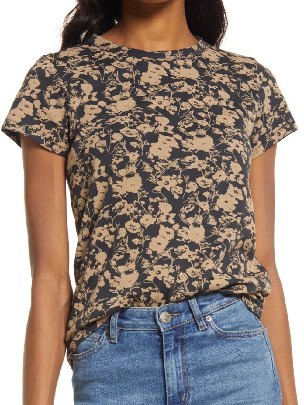 Rag & Bone All Over Floral Organic Cotton Tee Black Tan Size L